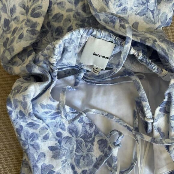 NEW Reformation Yuliy Linen Midi Dress Sz2 Chloe Blue Ivory Floral Wedding - Picture 8 of 10